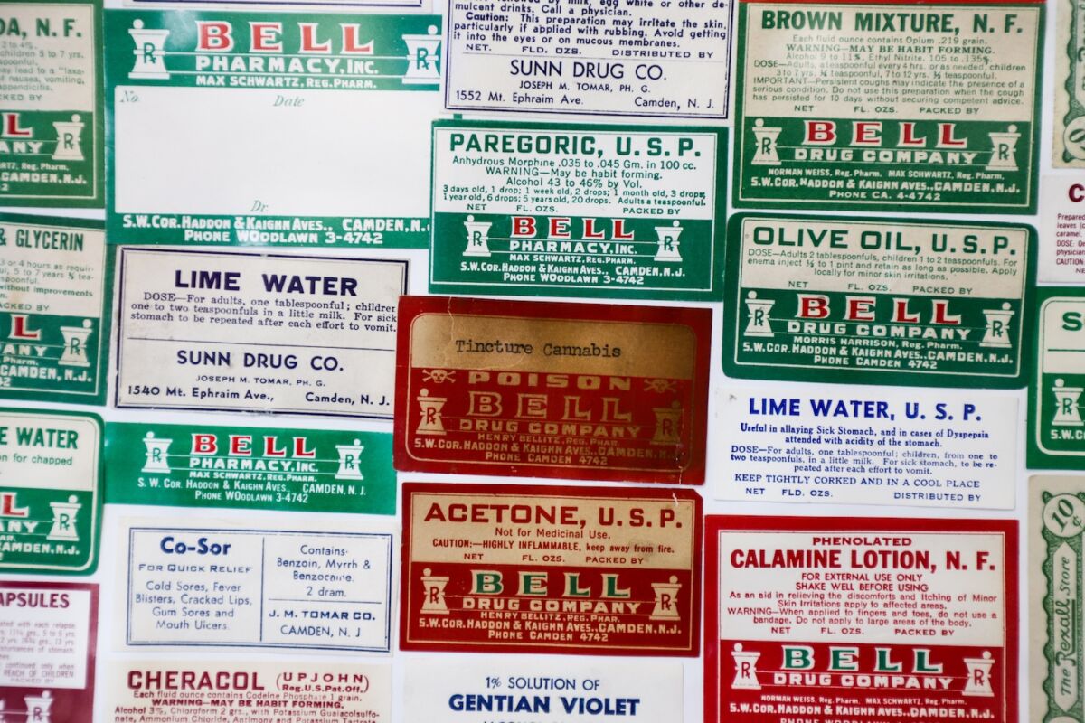 Vintage pharmacy drug labels from the historic Bell Rexall Pharmacy adjacent to Camden Apothecary in Camden, NJ